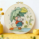 Cute Mouse with Leaf Umbrella Embroidery Kit – Whimsical Rainy Day DIY Hand Embroidery Hoop Art Set