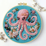 Floral Octopus Embroidery Kit – Whimsical Pink Octopus Needlepoint Pattern with Ocean-Inspired Botanical Details