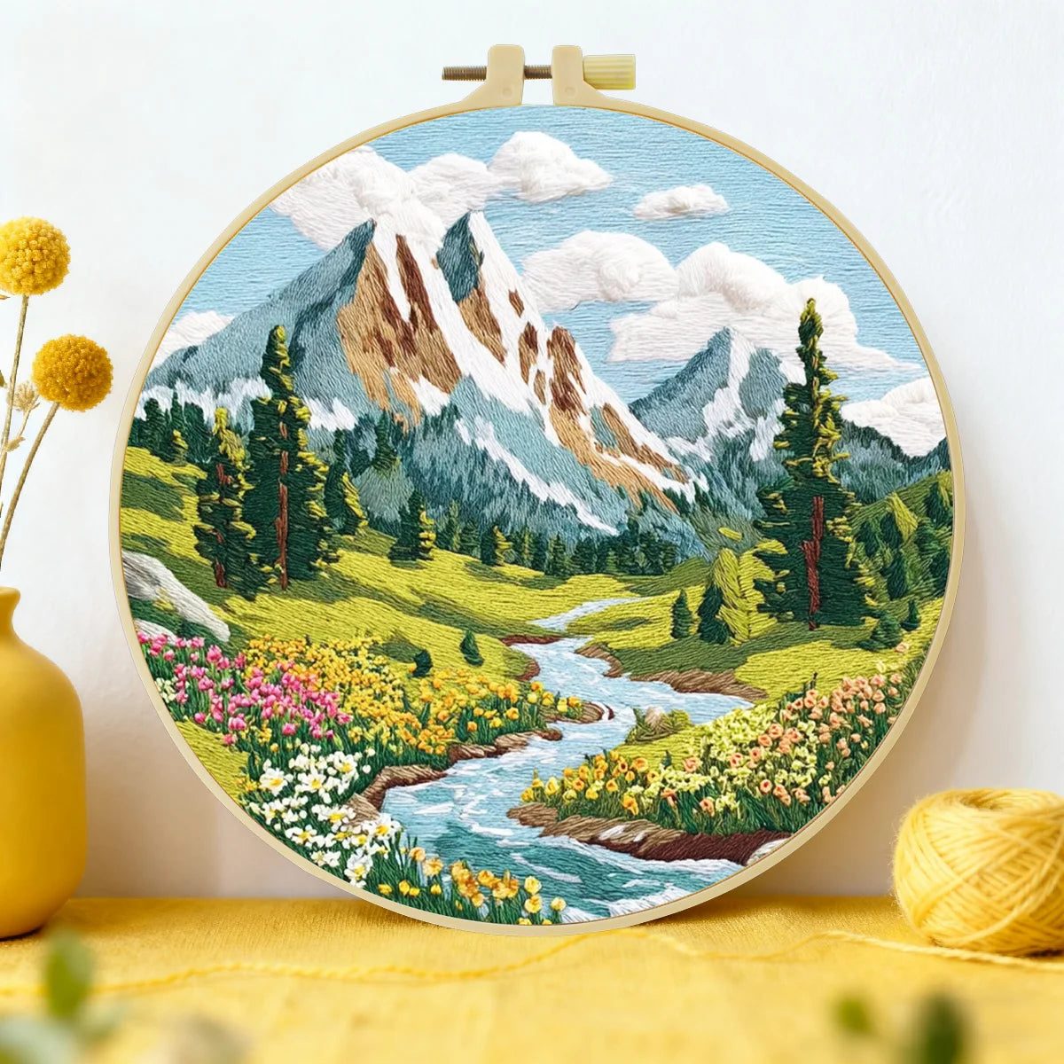 Mountain Wildflower Landscape Embroidery Kit – Alpine River Scenic DIY Needlepoint Hoop Art Nature Lover Craft Gift for Adults