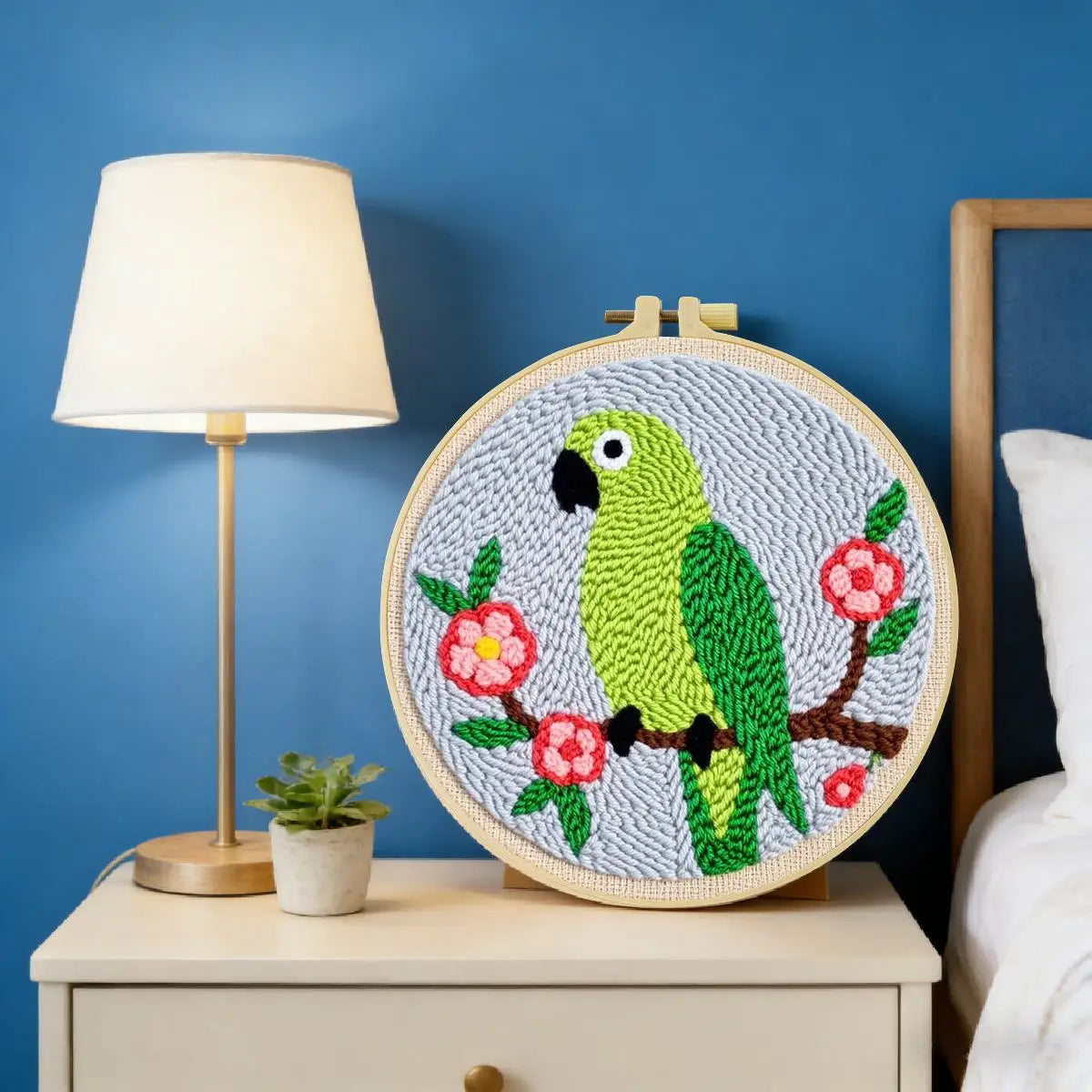 Cute Parrot Punch Needle Wall Art – Handmade Embroidery Hoop Decor for Nursery & Cozy Rooms