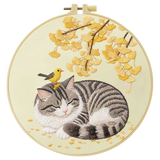 Sleeping Cat with Bird Embroidery Starter Kit – DIY Cute Animal Sewing Art Set for Beginne