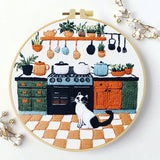 Cozy Kitchen Cat Embroidery Kit – Cottage Style DIY Stitch Pattern