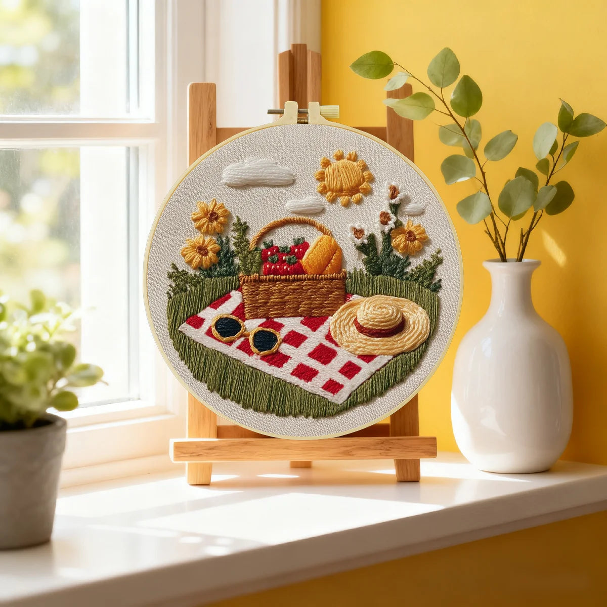 Handmade Summer Picnic Embroidery Hoop Wall Art – Floral Basket & Strawberry Cottagecore Decor