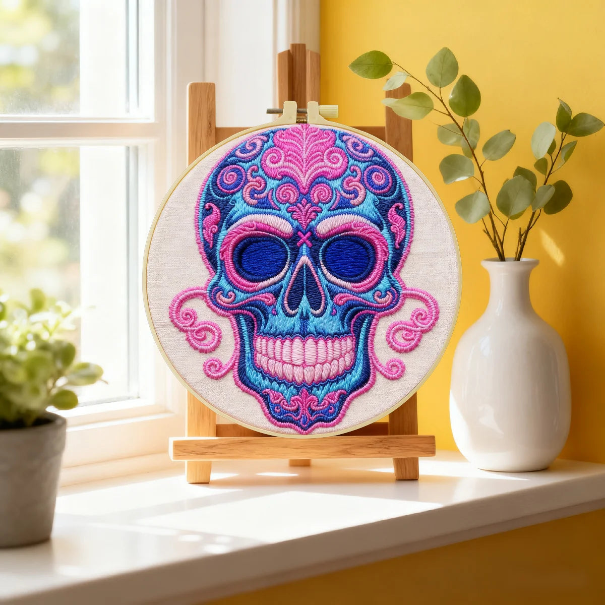 Sugar Skull Embroidery DIY Kit – Colorful Day of the Dead Beginner Stitching Kit with Hoop, Pattern & Threads