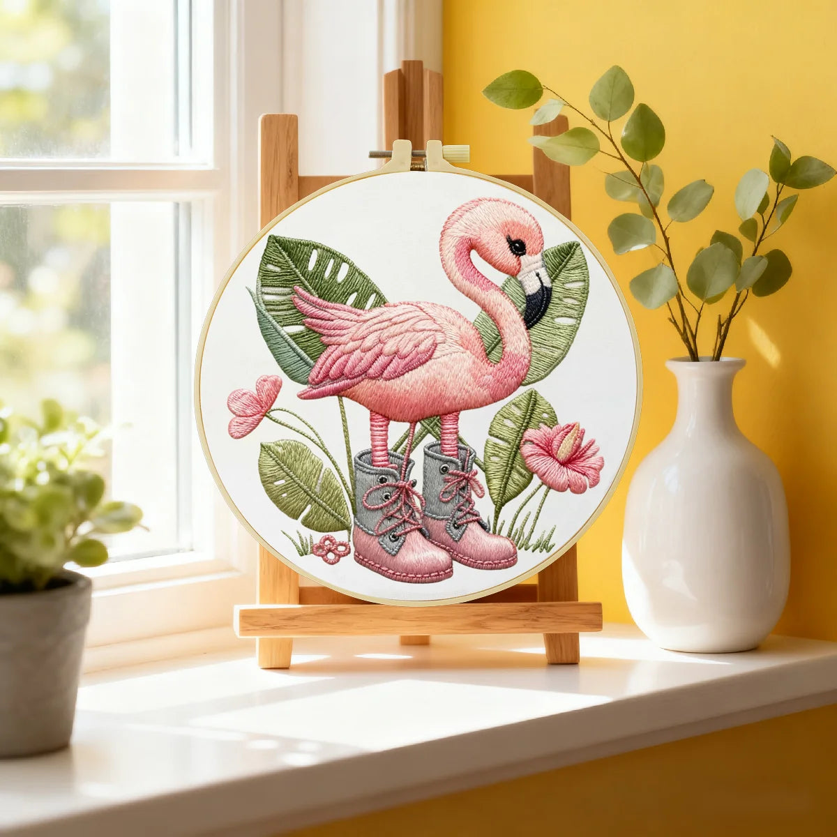 Pink Flamingo Embroidery Kit – Tropical Bird DIY Sewing Craft, Cute Summer Hoop Wall Art Decor