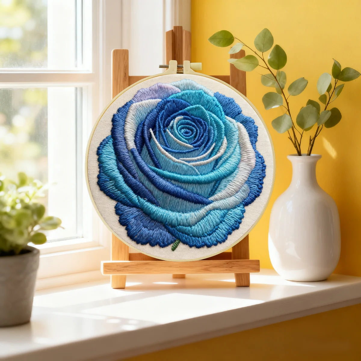 Blue Rose Embroidery DIY Kit – Modern Floral Hand Stitch Art with Hoop & Thread, Elegant Botanical Wall Décor Craft Kit