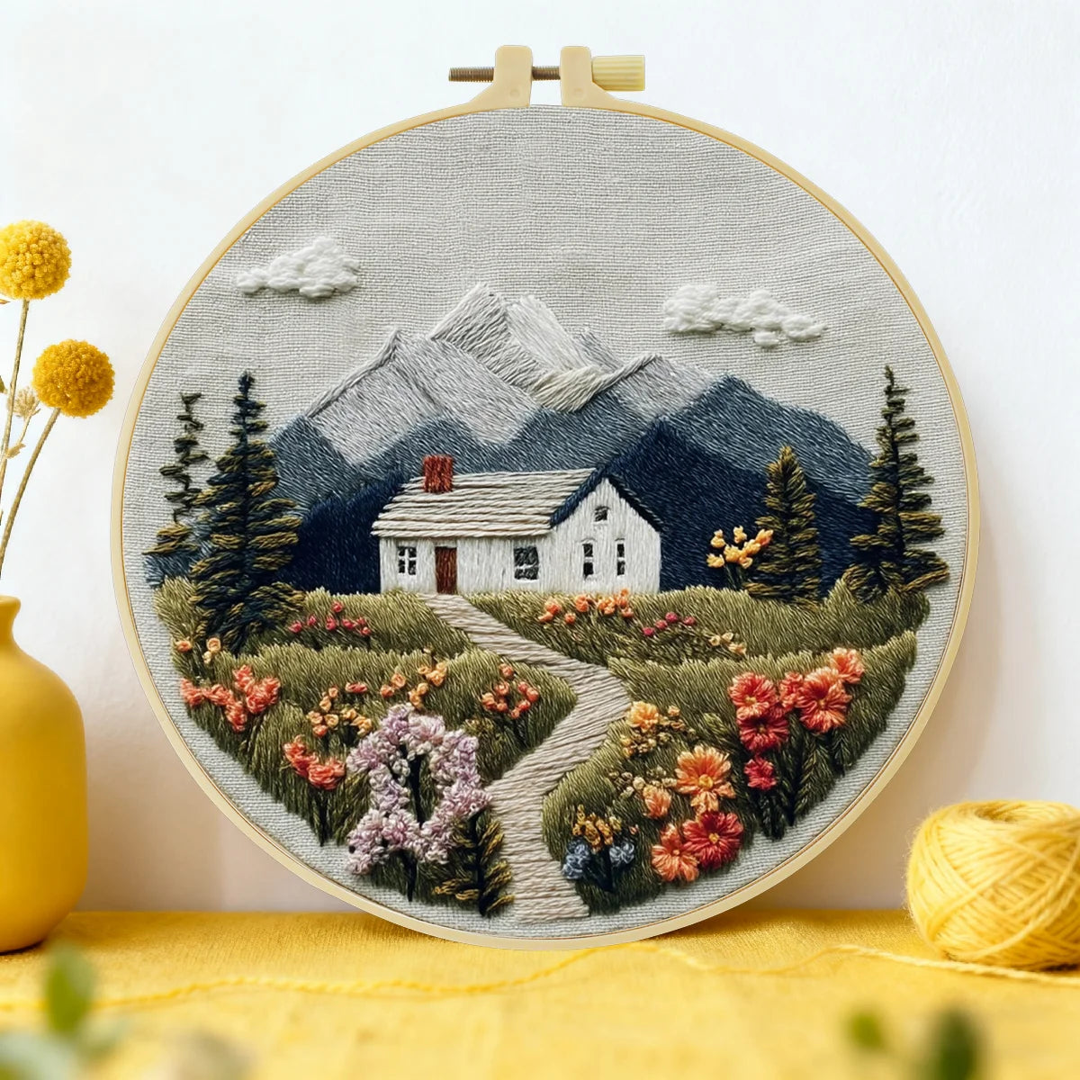Mountain Cottage Embroidery Kit for Adults – Cozy Cabin Landscape with Wildflowers DIY Hand Embroidery Hoop Art Decor Gift
