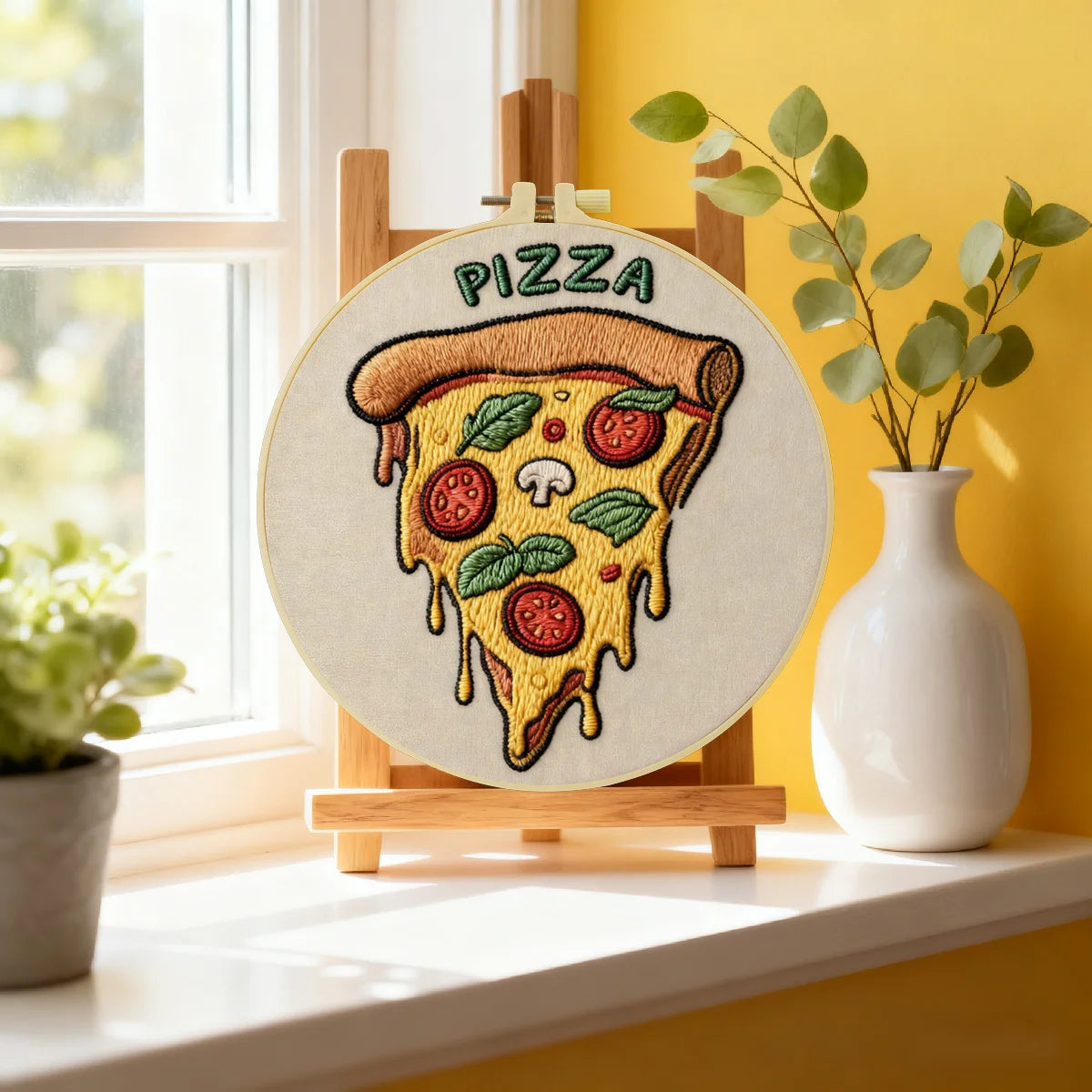 Handmade Pizza Slice Embroidery Hoop Wall Art – Fun Kitchen Foodie Decor