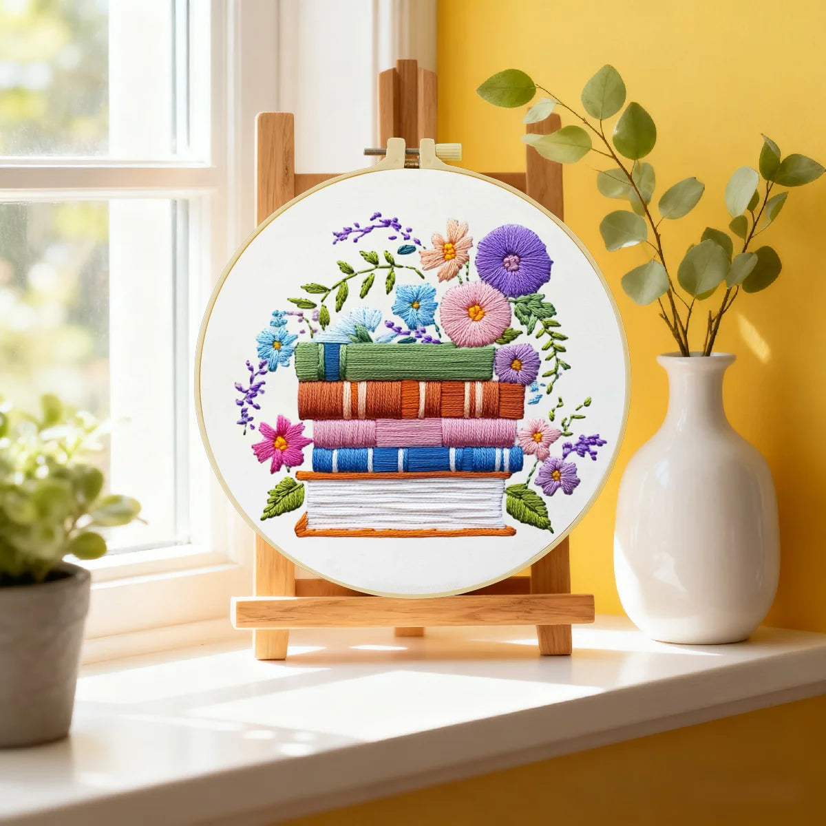 Handmade Floral Book Stack Embroidery Hoop Wall Art – Colorful Literary Cottagecore Decor