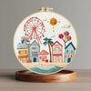 Whimsical Coastal Village Embroidery Kit – Pastel Beach Town & Ferris Wheel Needlepoint Pattern with Seaside Charm