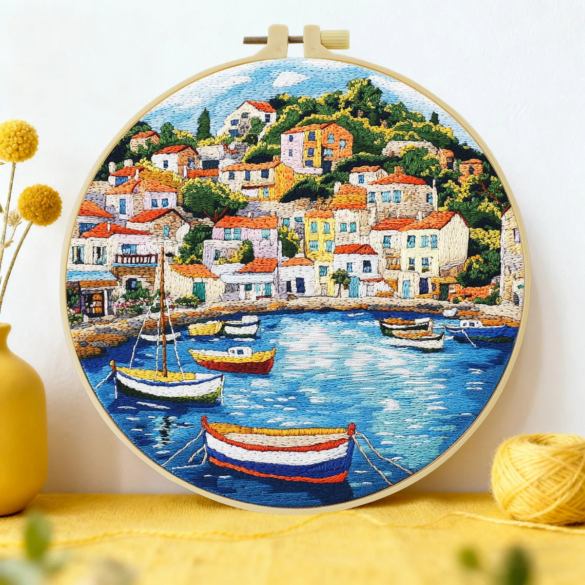 Mediterranean Coastal Village Embroidery Kit for Adults – Colorful Harbor Landscape DIY Hand Embroidery Hoop Art Travel Decor Gift