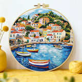 Mediterranean Coastal Village Embroidery Kit for Adults – Colorful Harbor Landscape DIY Hand Embroidery Hoop Art Travel Decor Gift