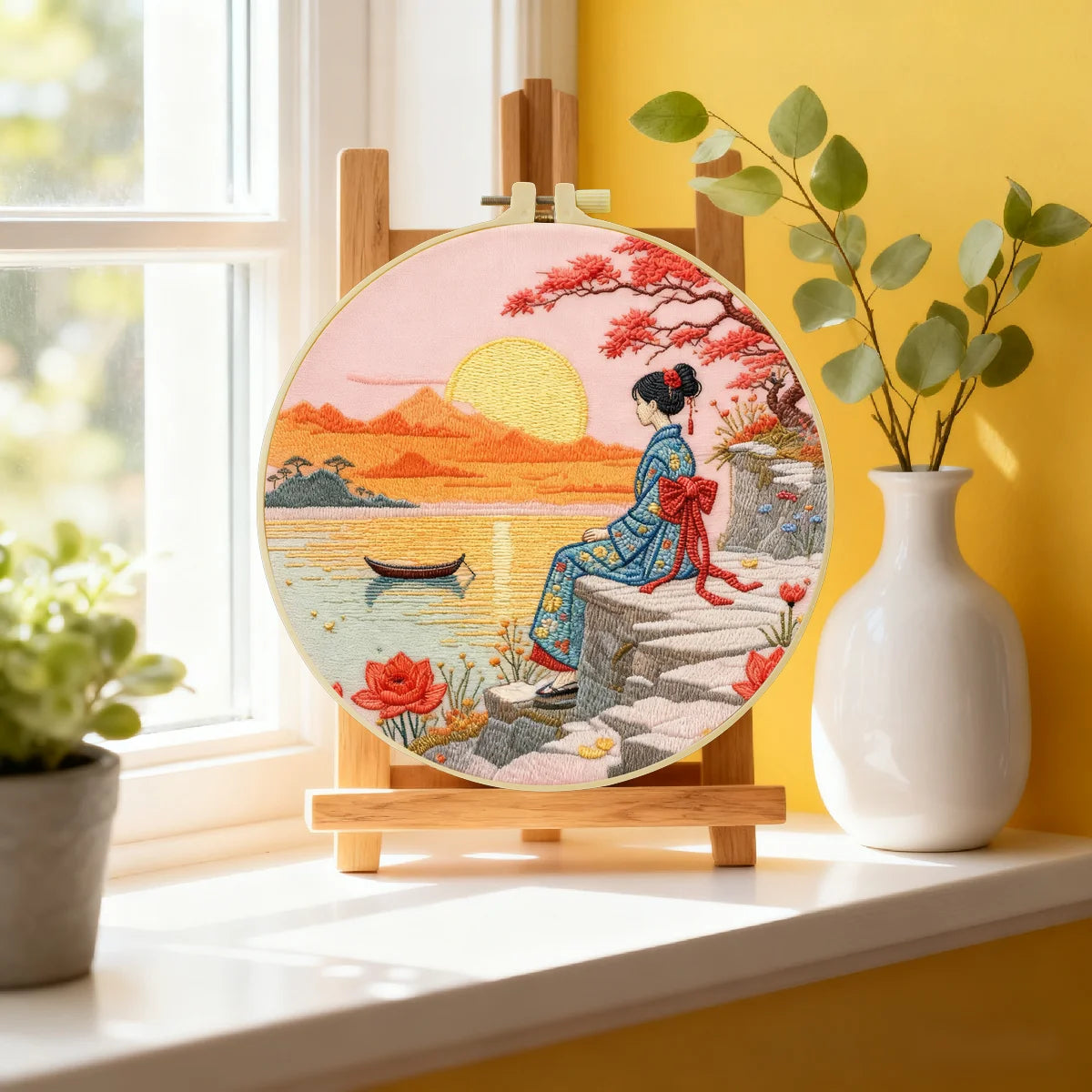 Japanese Sunset Landscape Embroidery Starter Kit – DIY Scenic Kimono Sewing Art Set for Beginners