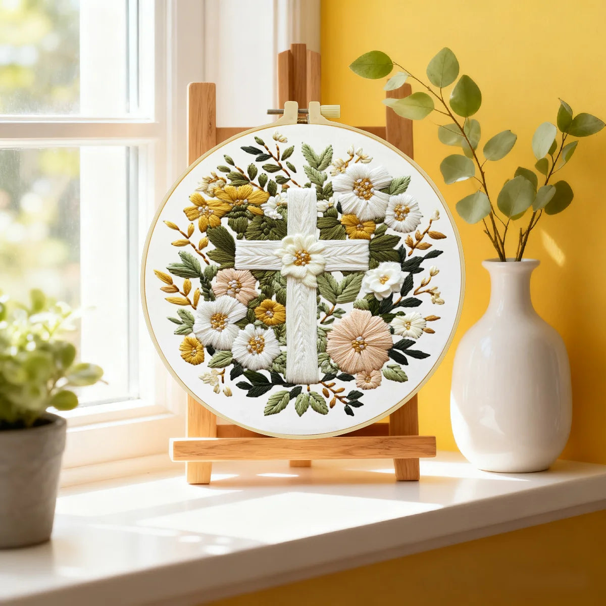 Floral Cross Embroidery Kit – Christian Needlepoint Pattern with Elegant White Flowers & Faith Inspired Wall Decor