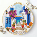 Greek Island Alley Embroidery Kit – Mediterranean Coastal Street DIY Needlepoint Hoop Art Santorini Inspired Home Decor Craft Gift