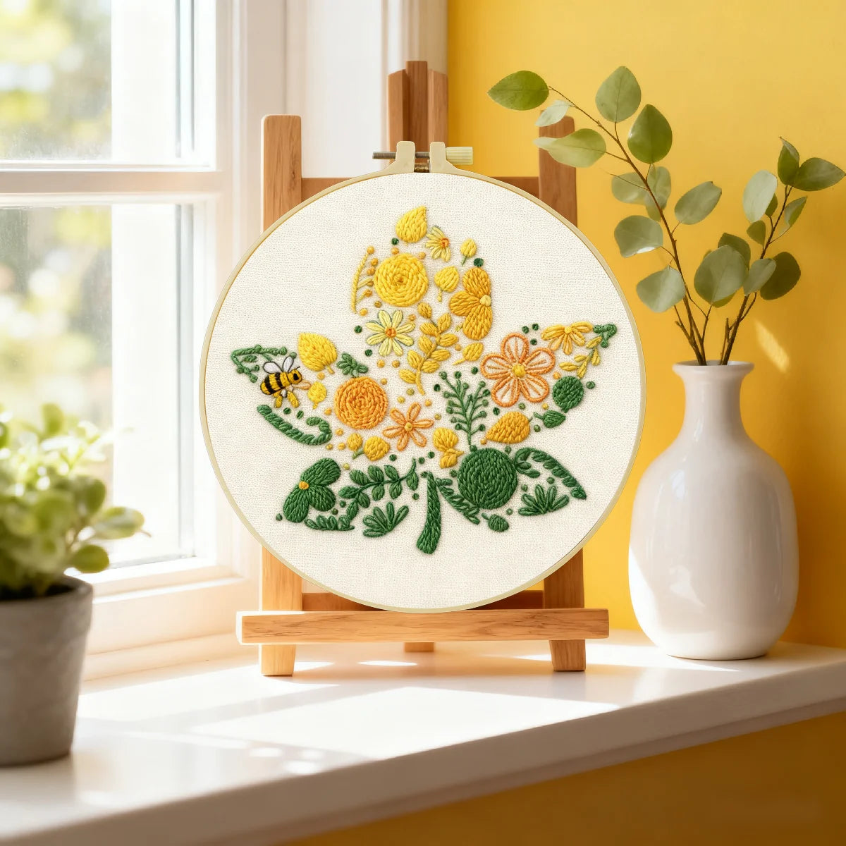 Yellow Floral Embroidery Kit with Bee – Modern Flower DIY Hand Embroidery Hoop Art, Botanical Wall Decor Craft