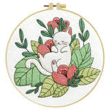 Sleeping White Cat Embroidery Kit for Beginners – DIY Floral Hand Embroidery Hoop Set
