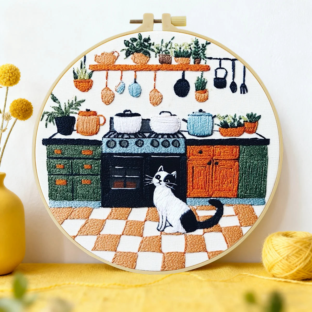 Cozy Kitchen Cat Embroidery Kit – Cottage Style DIY Stitch Pattern