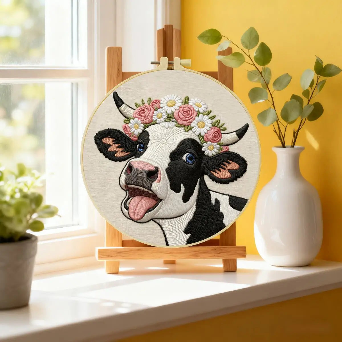 Cute Cow Embroidery Kit for Beginners – DIY Floral Farm Animal Hand Embroidery Hoop Set