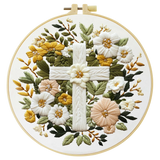 Floral Cross Embroidery Kit – Christian Needlepoint Pattern with Elegant White Flowers & Faith Inspired Wall Decor