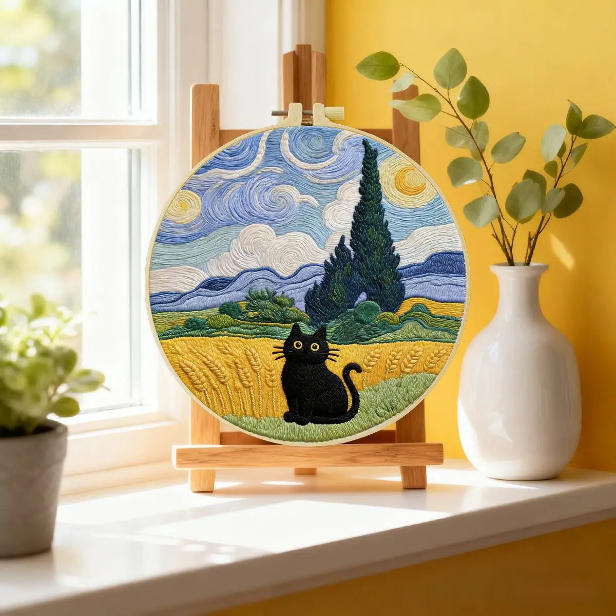 Starry Night Black Cat Embroidery Kit – Van Gogh Inspired DIY Hand Embroidery Hoop Art Set