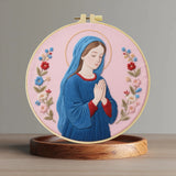Virgin Mary Prayer Embroidery Kit – Christian Floral DIY Hand Embroidery Hoop Art Set