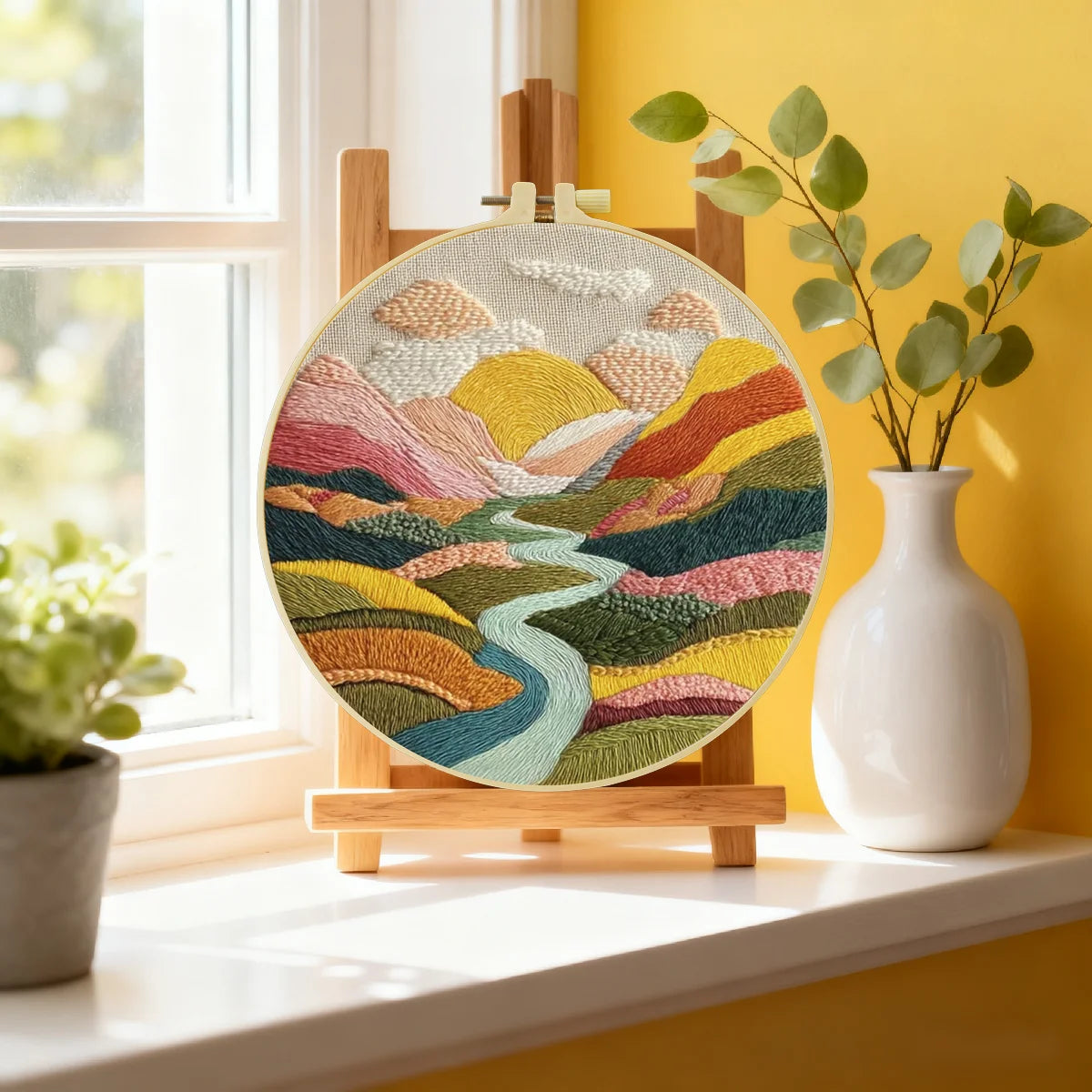Colorful Mountain Landscape Embroidery Kit – Modern Sunset Valley DIY Hand Stitch Art with Hoop & Threads 🌄🧵