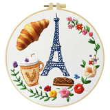 Paris Café Embroidery Starter Kit – DIY Eiffel Tower & Pastry Sewing Art Set for Beginners