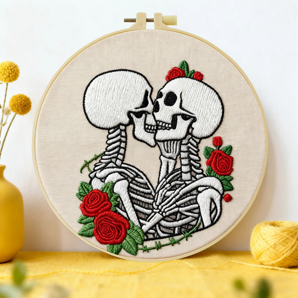 Skeleton Couple Embroidery Starter Kit – DIY Gothic Love Sewing Art Set for Beginners
