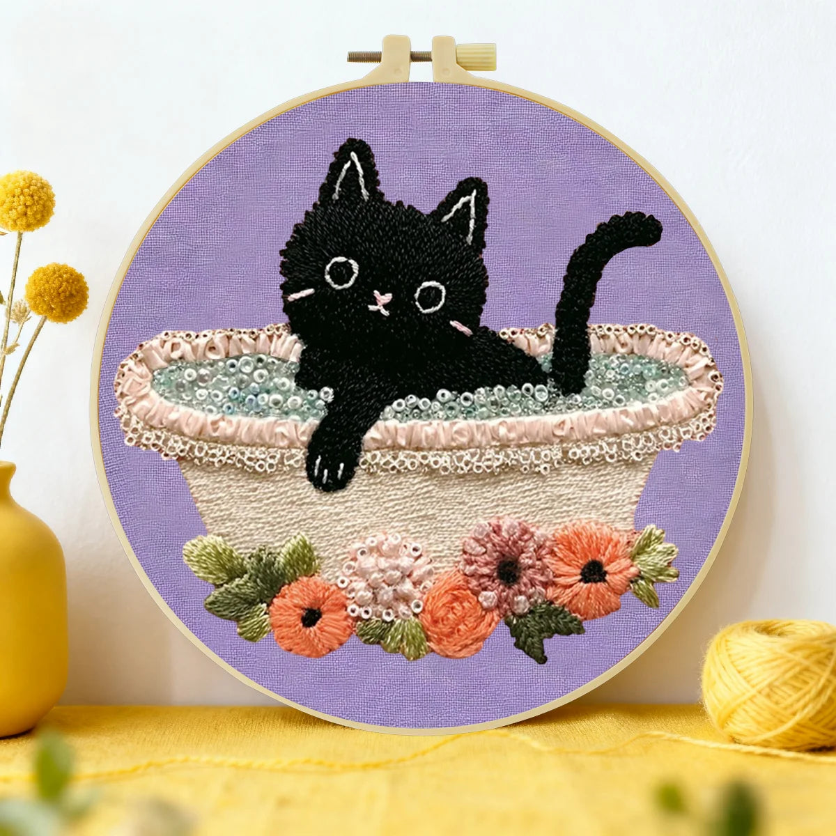 Cute Black Cat Bath Embroidery Starter Kit DIY – Beginner Animal Hand Embroidery Kit with Floral Design
