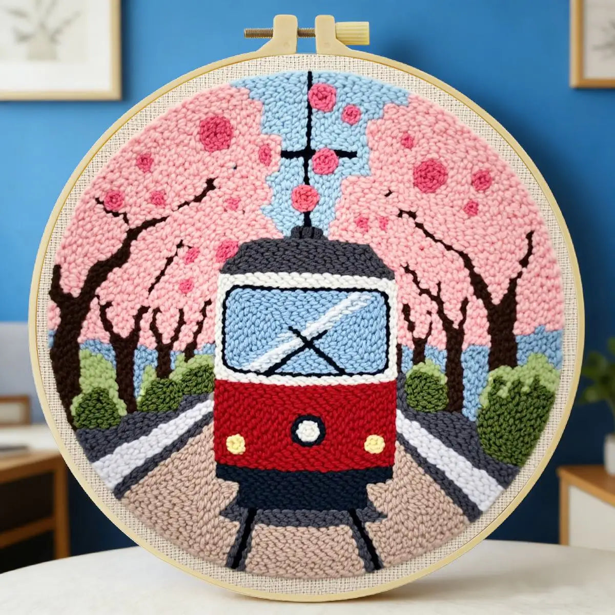 Cherry Blossom Tram Punch Needle Wall Art – Handmade Embroidery Hoop Decor for Nursery & Cozy Rooms