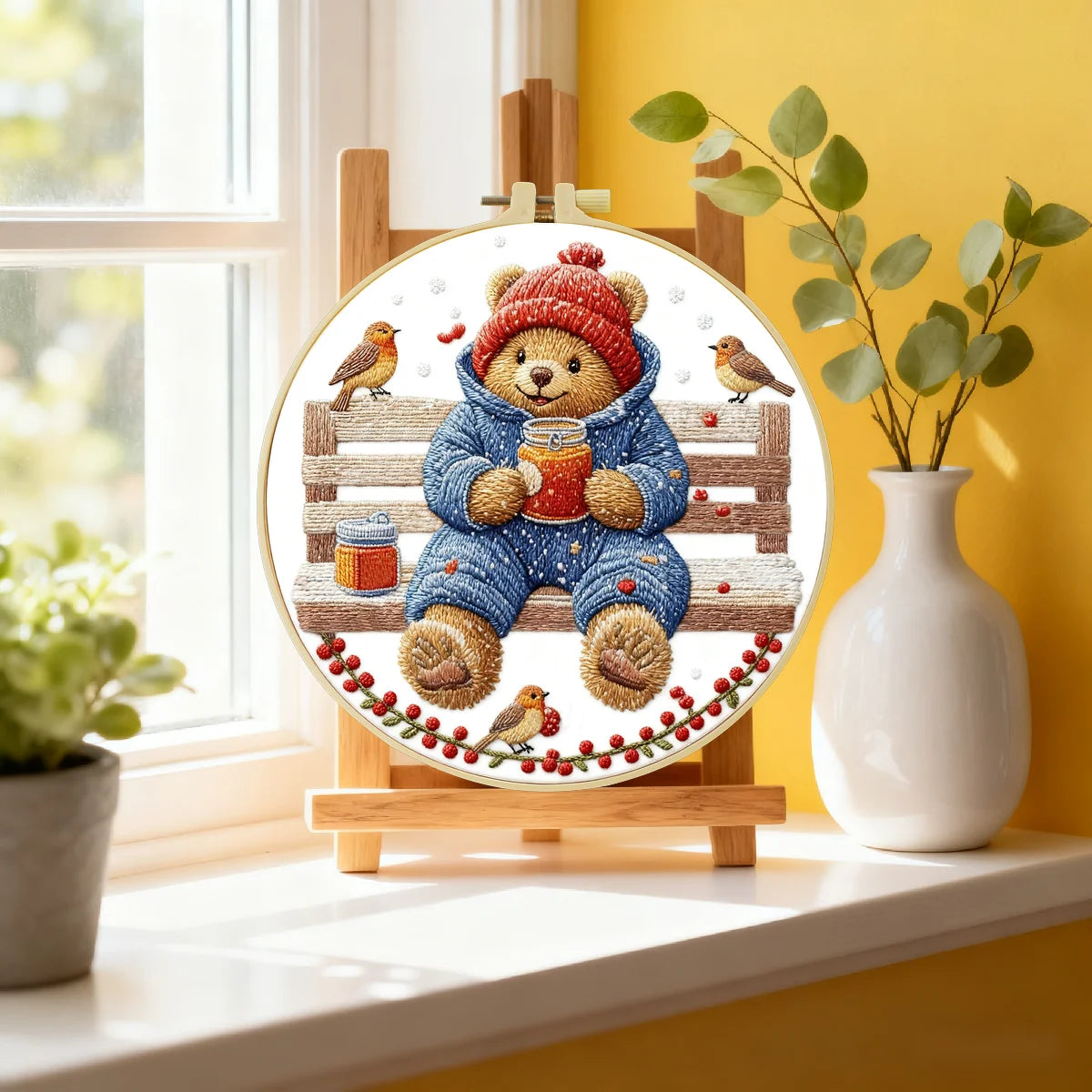 Winter Teddy Bear Embroidery DIY Kit – Cute Animal Beginner Stitching Kit with Hoop, Pattern & Threads