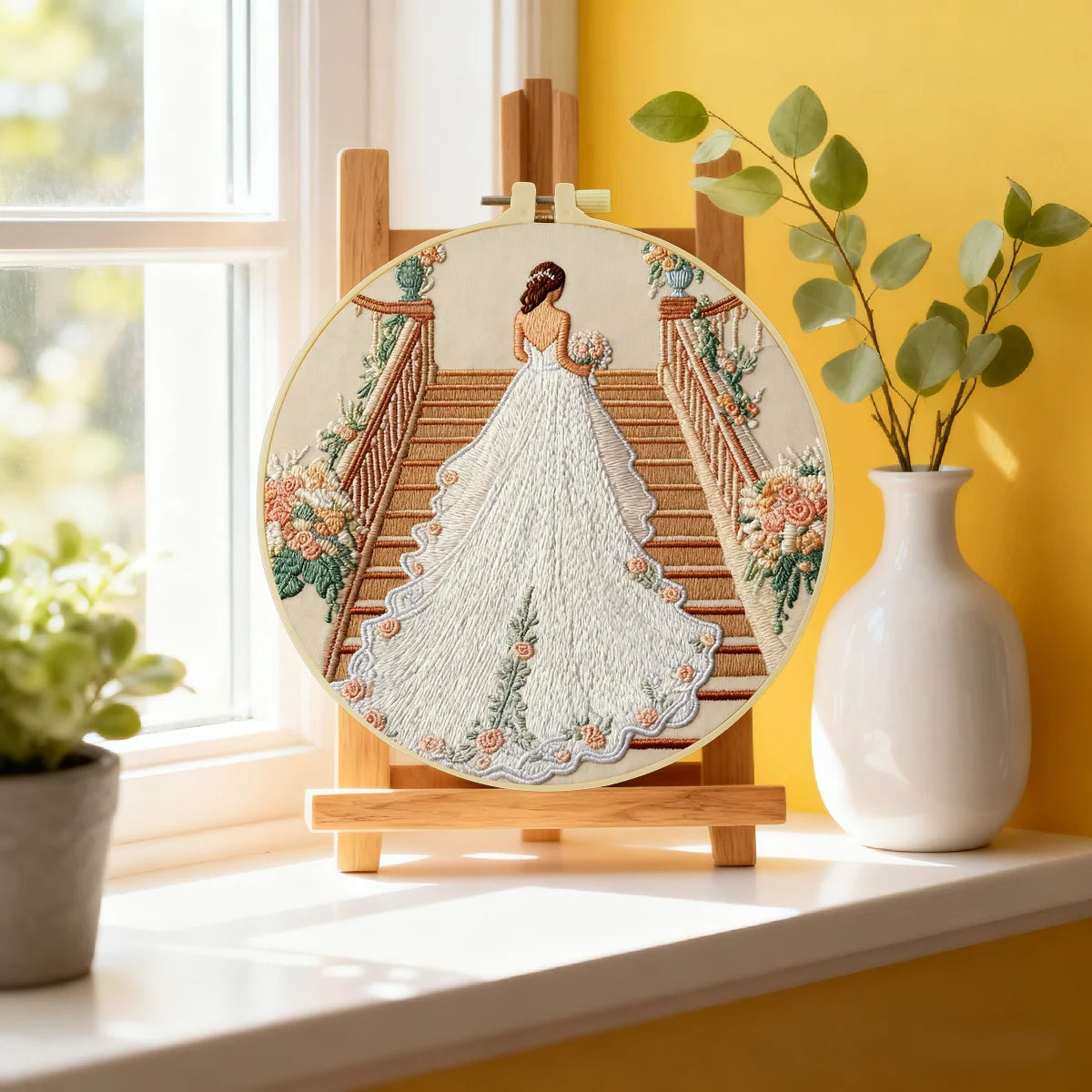 Handmade Bridal Staircase Embroidery Hoop Wall Art – Elegant Wedding Dress Floral Decor