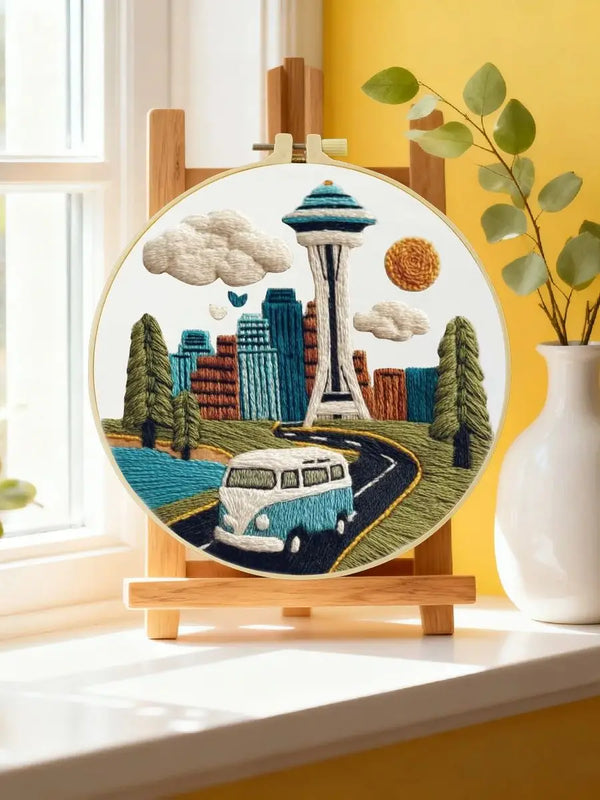 Seattle Skyline Embroidery Kit – Space Needle Cityscape DIY Hand Stitch Art with Hoop & Threads 🌲🧵🚐