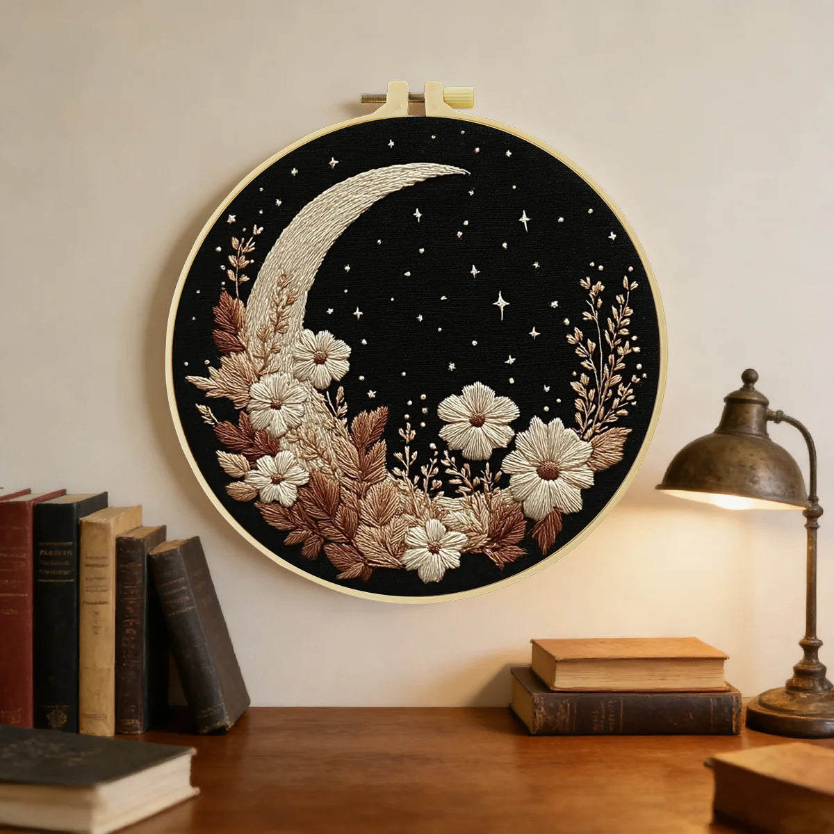 Moon & Floral Night Embroidery Starter Kit – DIY Celestial Sewing Art Set for Beginners