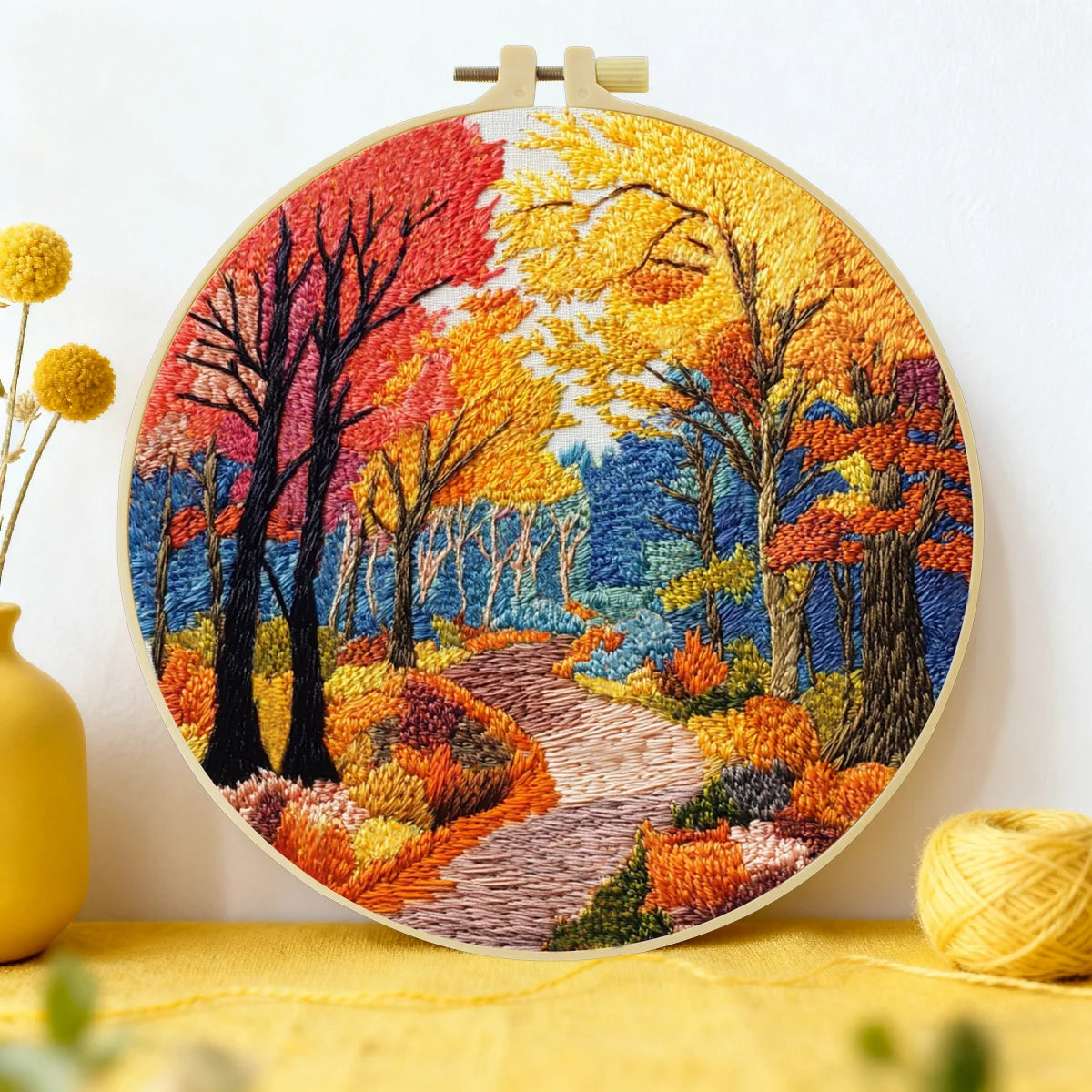 Autumn Forest Path Embroidery Kit – Colorful Fall Landscape DIY Hand Stitch Art with Hoop & Threads, Scenic Nature Wall Décor Craft Set