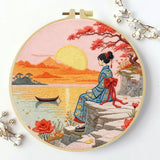 Japanese Sunset Landscape Embroidery Starter Kit – DIY Scenic Kimono Sewing Art Set for Beginners