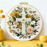 Floral Cross Embroidery Kit – Christian Needlepoint Pattern with Elegant White Flowers & Faith Inspired Wall Decor