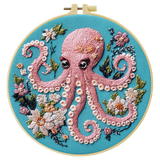 Floral Octopus Embroidery Kit – Whimsical Pink Octopus Needlepoint Pattern with Ocean-Inspired Botanical Details