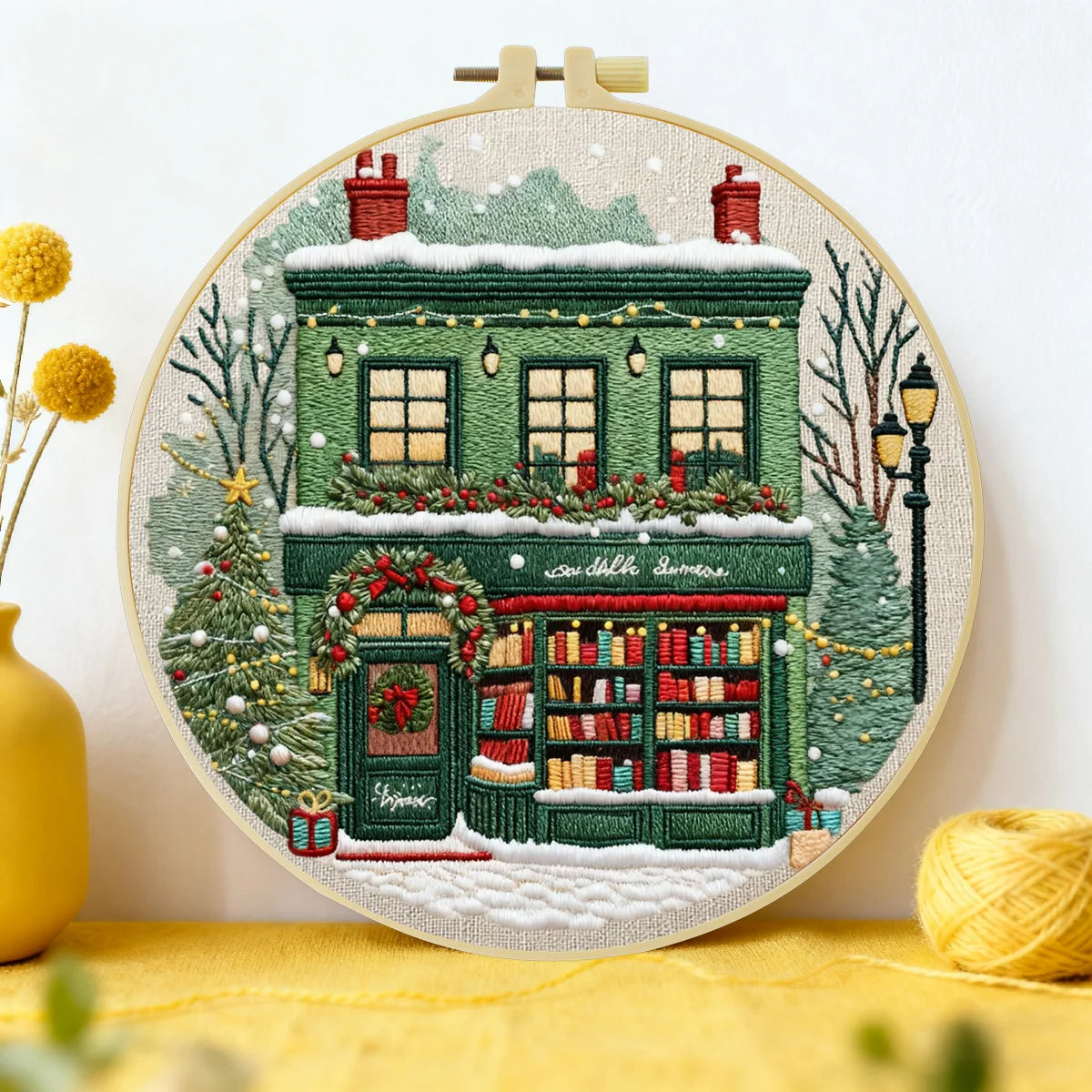Christmas Bookstore Embroidery Kit – DIY Winter Holiday Village Sewing Craft Set, Festive Snowy Shop Wall Art Decor