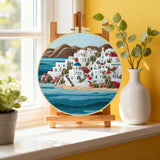Santorini Coastal Village Embroidery Kit – Greek Island Seascape DIY Needlepoint Hoop Art Mediterranean Home Decor Craft Gift