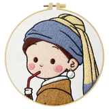 Cute Girl Drinking Coffee Embroidery Starter Kit DIY – Beginner Cartoon Hand Embroidery Kit