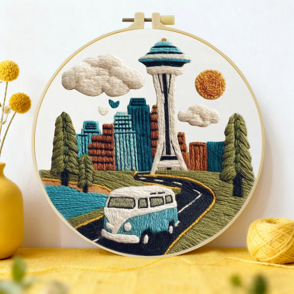 Seattle Skyline Embroidery Kit – Space Needle Cityscape DIY Hand Stitch Art with Hoop & Threads 🌲🧵🚐