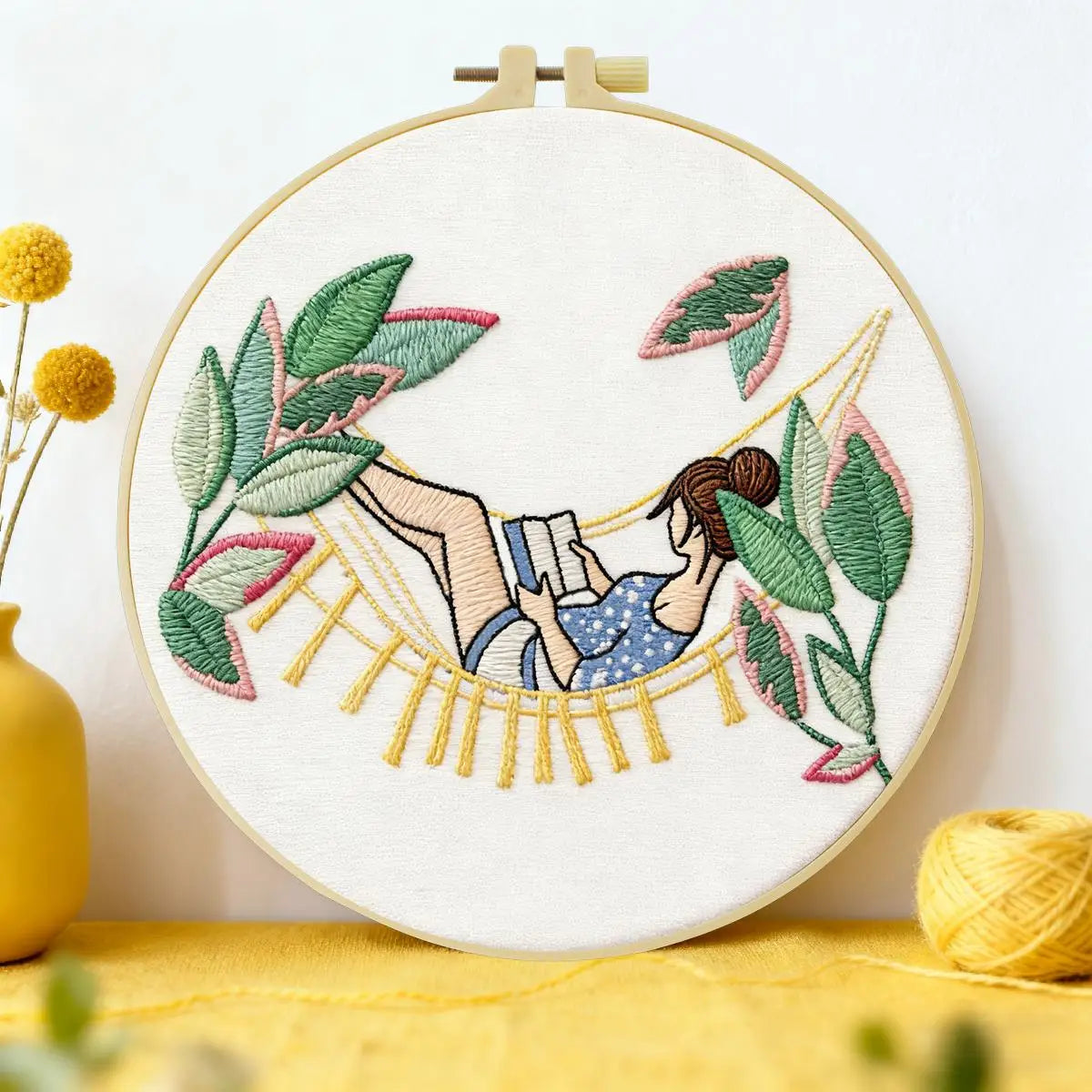 Relaxing Girl Hammock Embroidery Kit – DIY Cozy Reading Hoop Art for Beginners & Craft Lovers