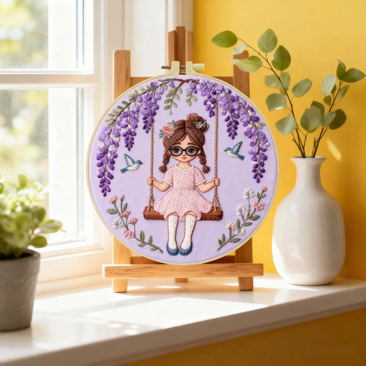 Cute Girl on Swing Embroidery Starter Kit – DIY Floral Cartoon Sewing Art Set for Beginners