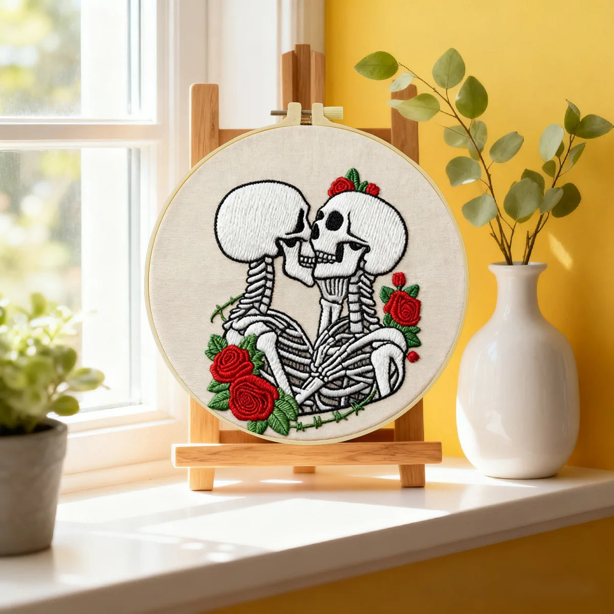 Skeleton Couple Embroidery Starter Kit – DIY Gothic Love Sewing Art Set for Beginners