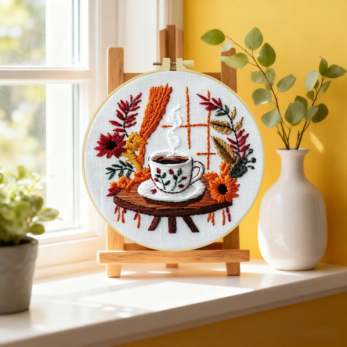 Handmade Cozy Coffee Embroidery Hoop Wall Art – Autumn Floral Rustic Kitchen Decor