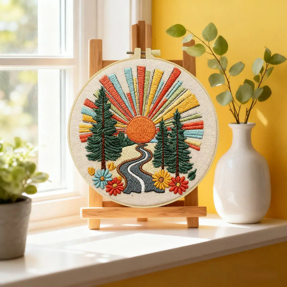 Retro Sunset Forest Embroidery Kit – Colorful Nature DIY Hand Embroidery Hoop Art Set