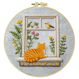 Window Cat Embroidery Kit – Cozy Birdwatching Kitty DIY Hand Embroidery Hoop Art Set Kits For Stitchers