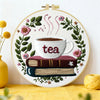 Handmade Tea Lover Embroidery Hoop Wall Art – Floral Book Stack Kitchen Decor